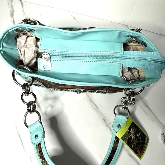 Heritage West Blue Green Camouflage Rhinestone Cross Western Double Strap Purse - Picture 13 of 13